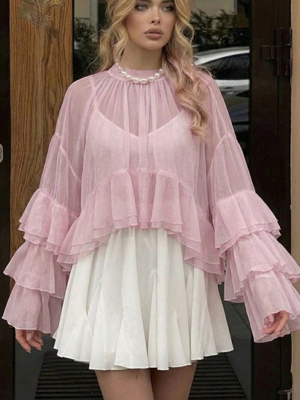 Pink Luxury Elegant Women's Chiffon Ruffle Cuff High Collar Blouse - Picture 5 of 8